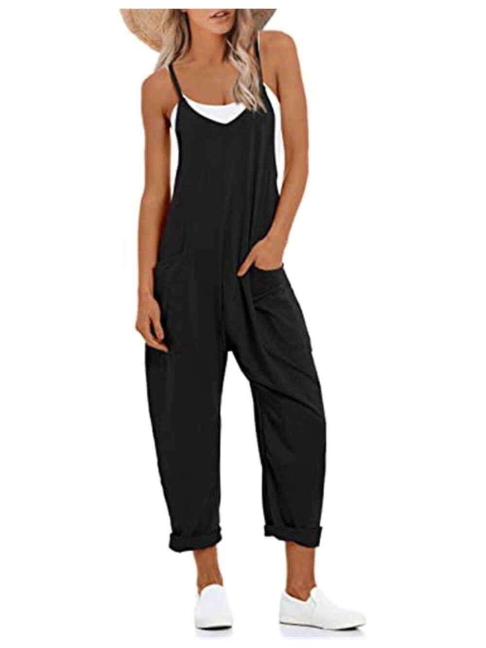 Women Black Harem Jumpsuit Wide Leg Sleeveless V Neck Romper Pockets Overalls